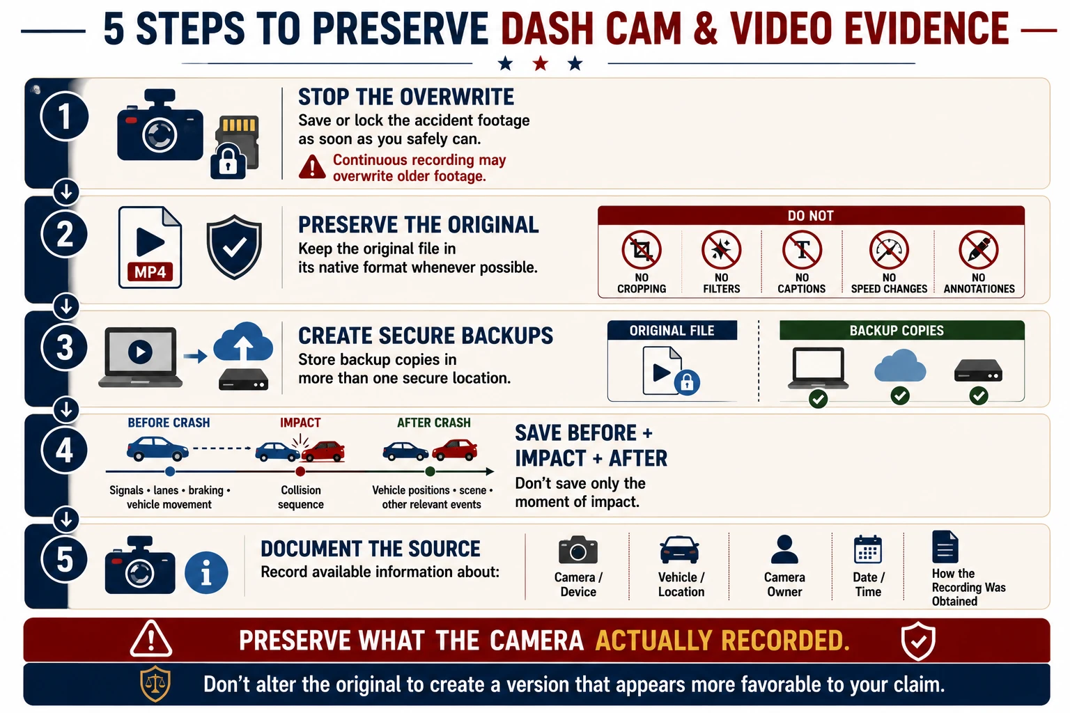 Five steps to preserve dash cam and video evidence after a car accident: stop the footage from being overwritten, preserve the original file, create secure backups, save footage before and after impact, and document the recording source.