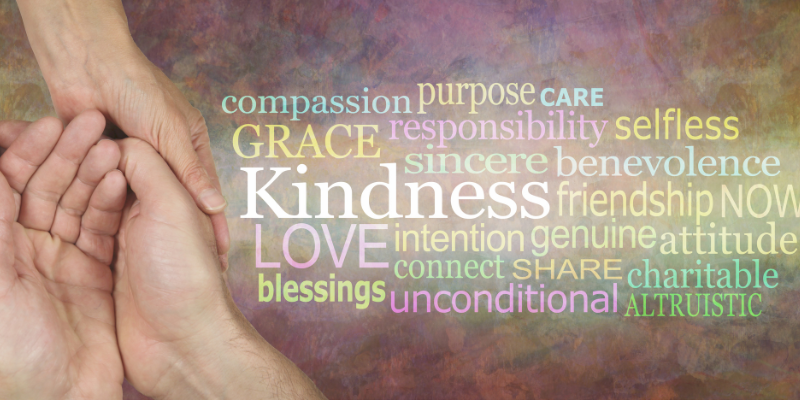 Hands symbolizing kindness and compassion, surrounded by words like "care," "love," and "selfless," reflecting the