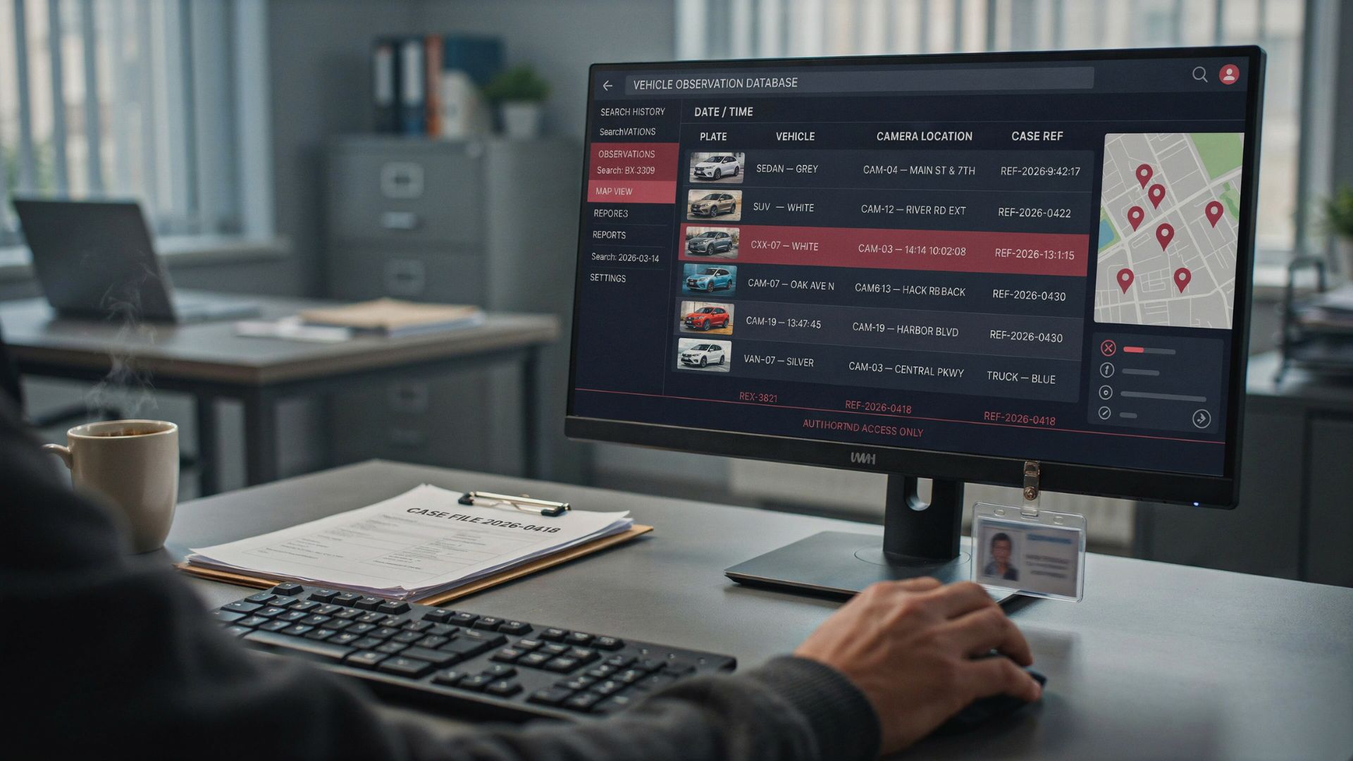 Computer screen displaying a license plate reader database with vehicle locations, timestamps, and search records.
