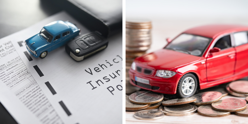 Model cars on a vehicle insurance policy document with coins, illustrating the financial aspects of