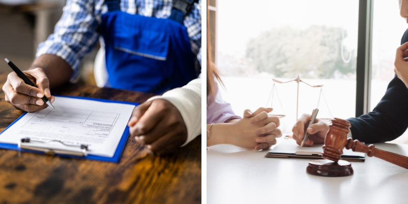 A worker completing a form on the left, and two individuals discussing legal matters with
