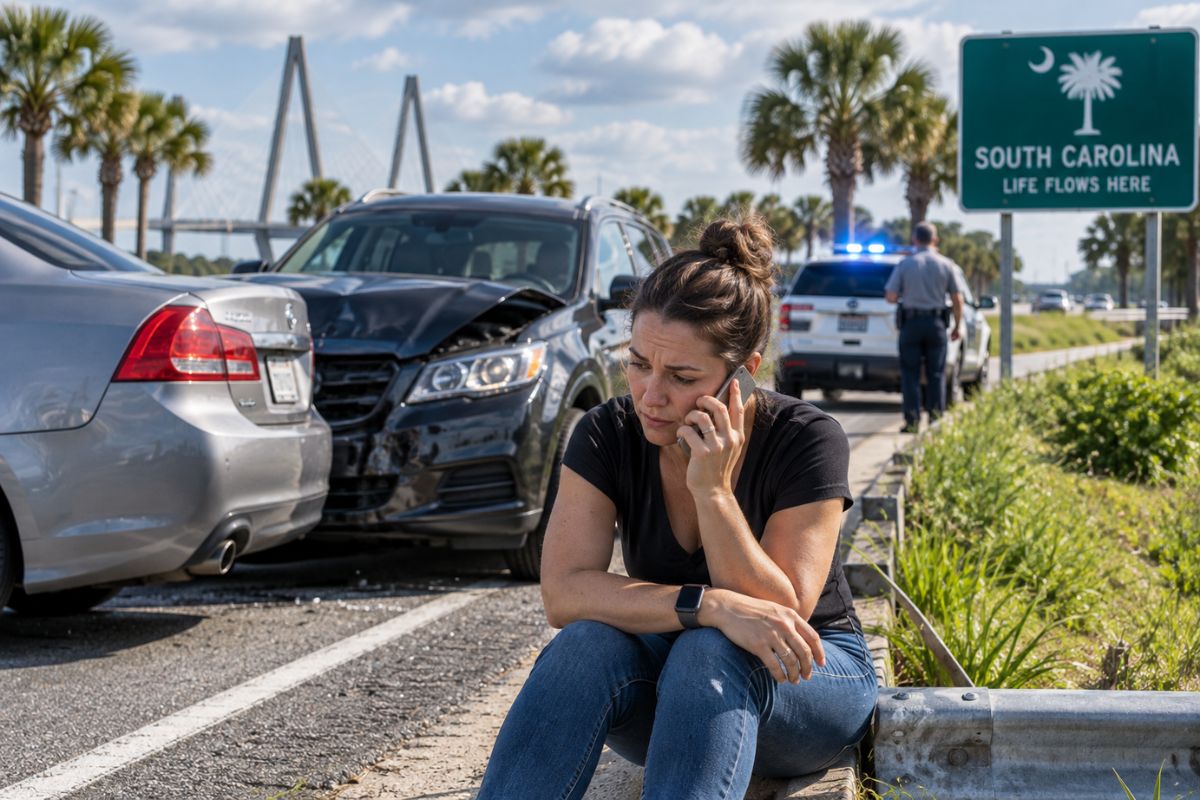 Injured woman speaking on the phone after a South Carolina car accident while police respond at the scene.