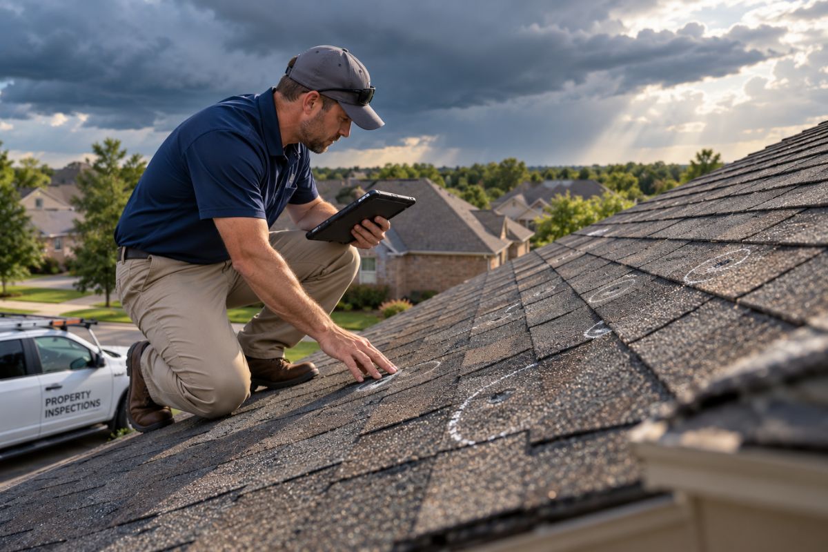 Insurance inspector examining hail damage on a residential roof while documenting the claim on a tablet.