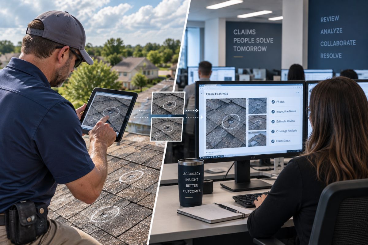 Roof inspector documents hail damage while an insurance claims reviewer remotely evaluates the inspection photos.