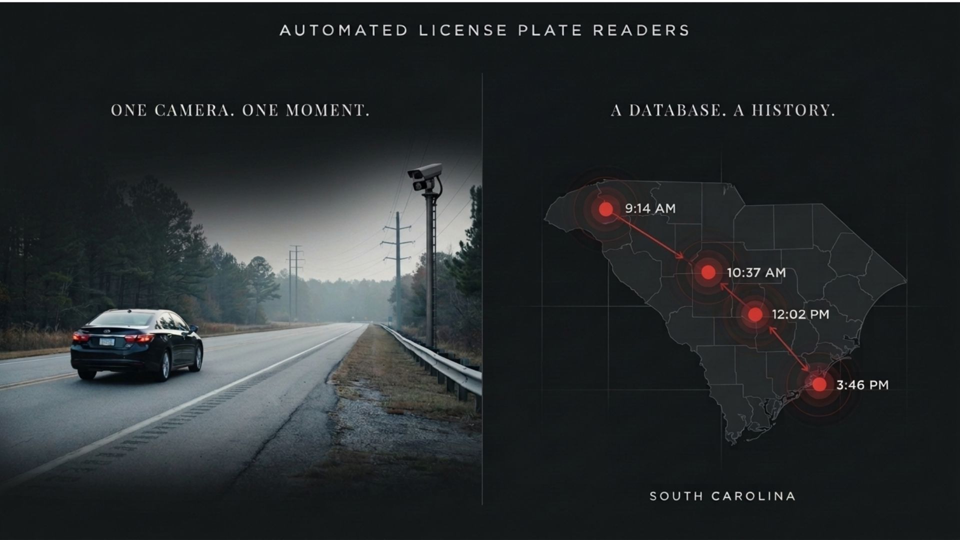 South Carolina map showing how license plate reader cameras can record a vehicle at multiple locations and times.
