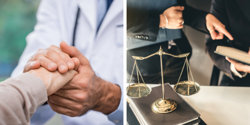 Hands shaking in a supportive gesture with a medical professional, alongside a close-up of legal
