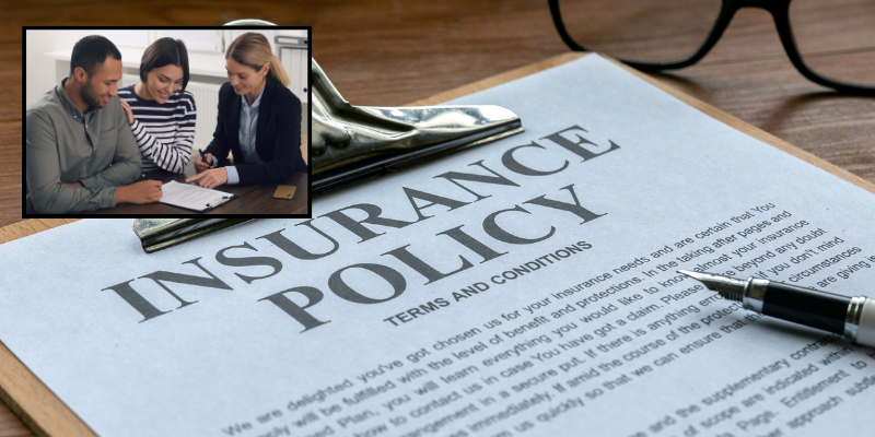 Document titled "Insurance Policy" with terms and conditions prominently displayed, accompanied by a smaller image