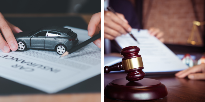 Close-up image illustrating a car accident claim negotiation, with a miniature car on insurance paperwork