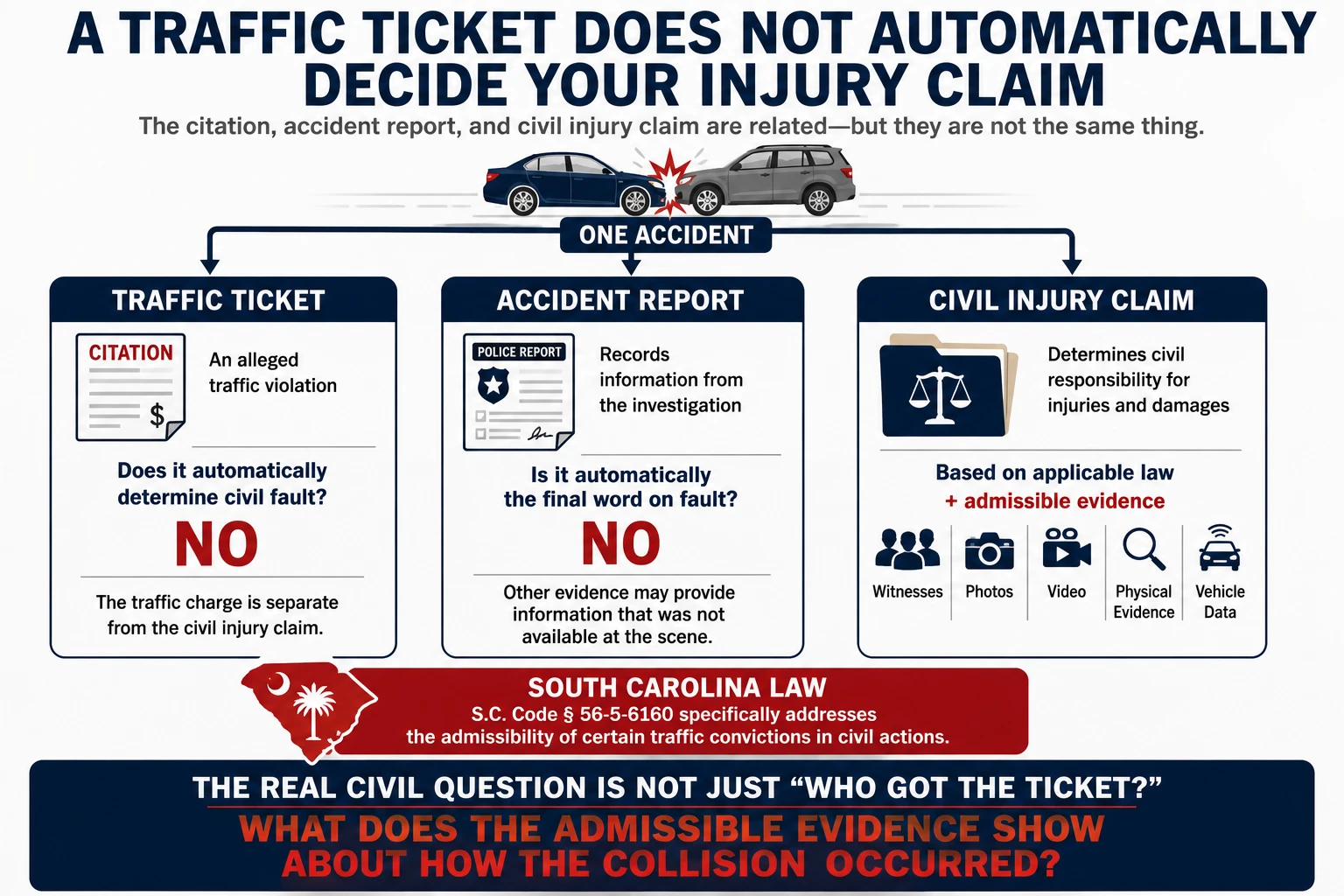 South Carolina car accident graphic explaining that a traffic ticket, accident report, and civil injury claim are separate matters, and that civil fault depends on applicable law and admissible evidence.