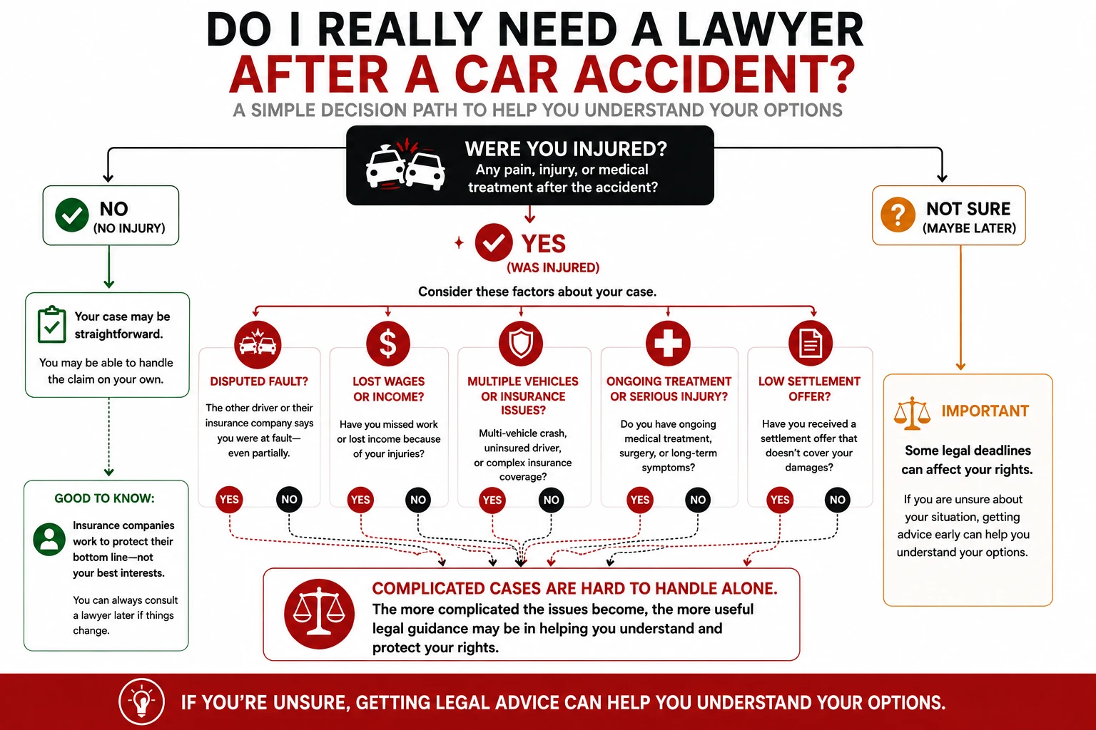 Decision guide for whether you may need a lawyer after a car accident based on injuries, disputed fault, lost income, multiple vehicles, medical treatment, and settlement issues.
