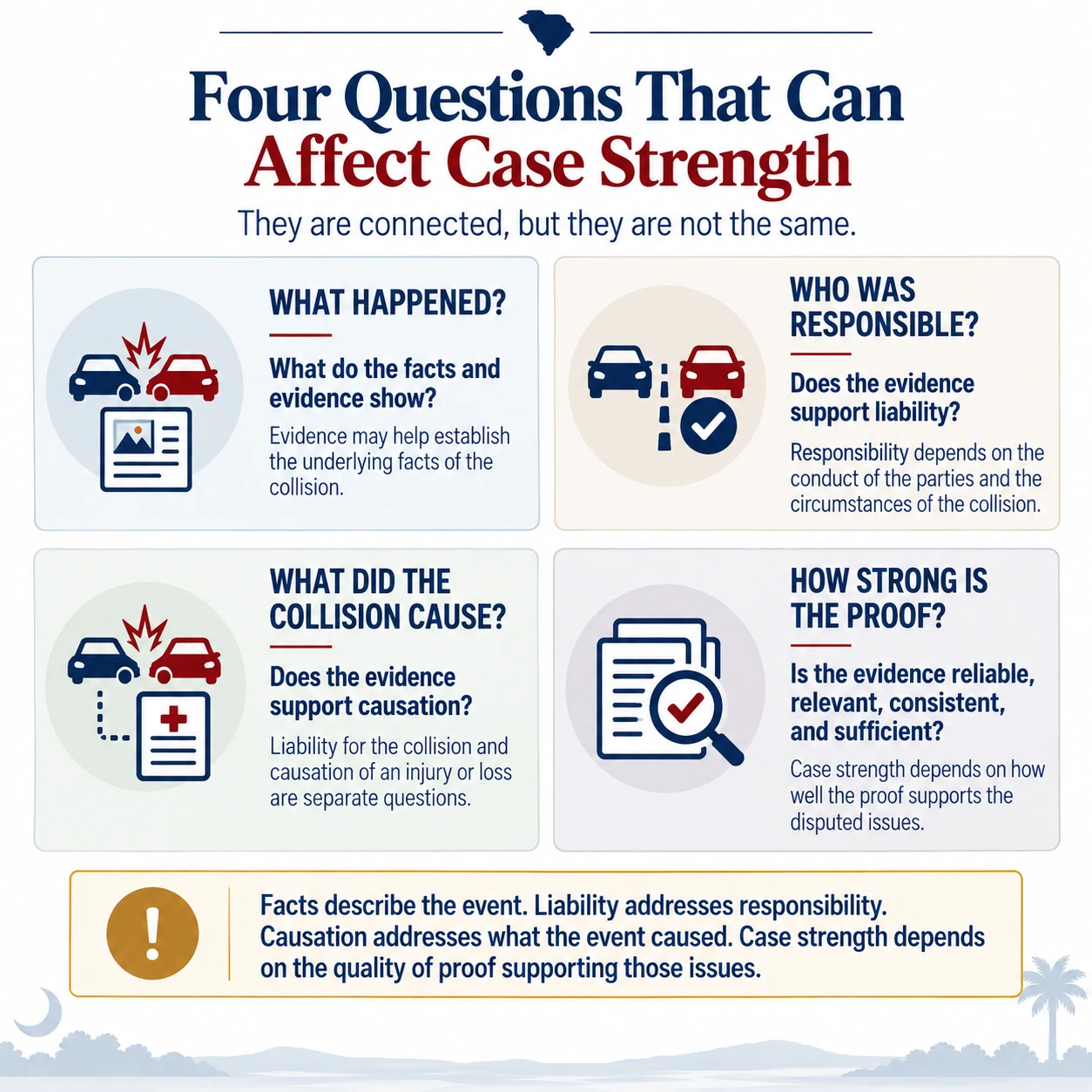Four-part framework showing what happened, who was responsible, what the collision caused, and how strong the proof is when evaluating a car accident claim.