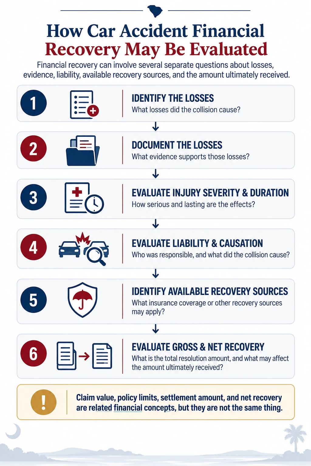 Diagram showing how car accident financial recovery may be evaluated, from identifying and documenting losses through injury severity, liability, available recovery sources, and gross and net recovery.