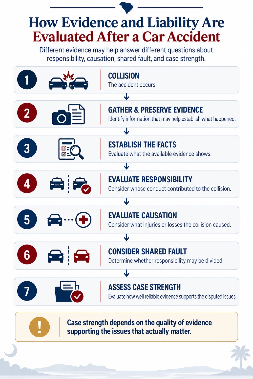 Diagram showing how evidence and liability may be evaluated after a car accident, from gathering evidence and establishing facts through responsibility, causation, shared fault, and case strength.