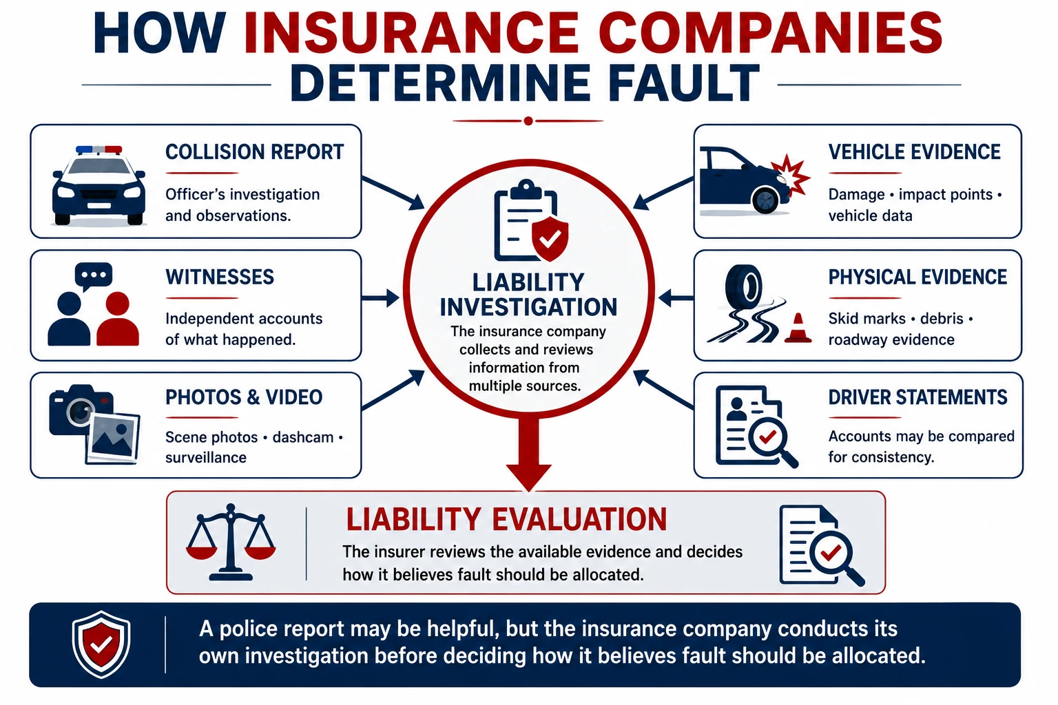 How insurance companies determine fault after a car accident by reviewing the collision report, witnesses, photos and video, vehicle evidence, physical evidence, and driver statements.