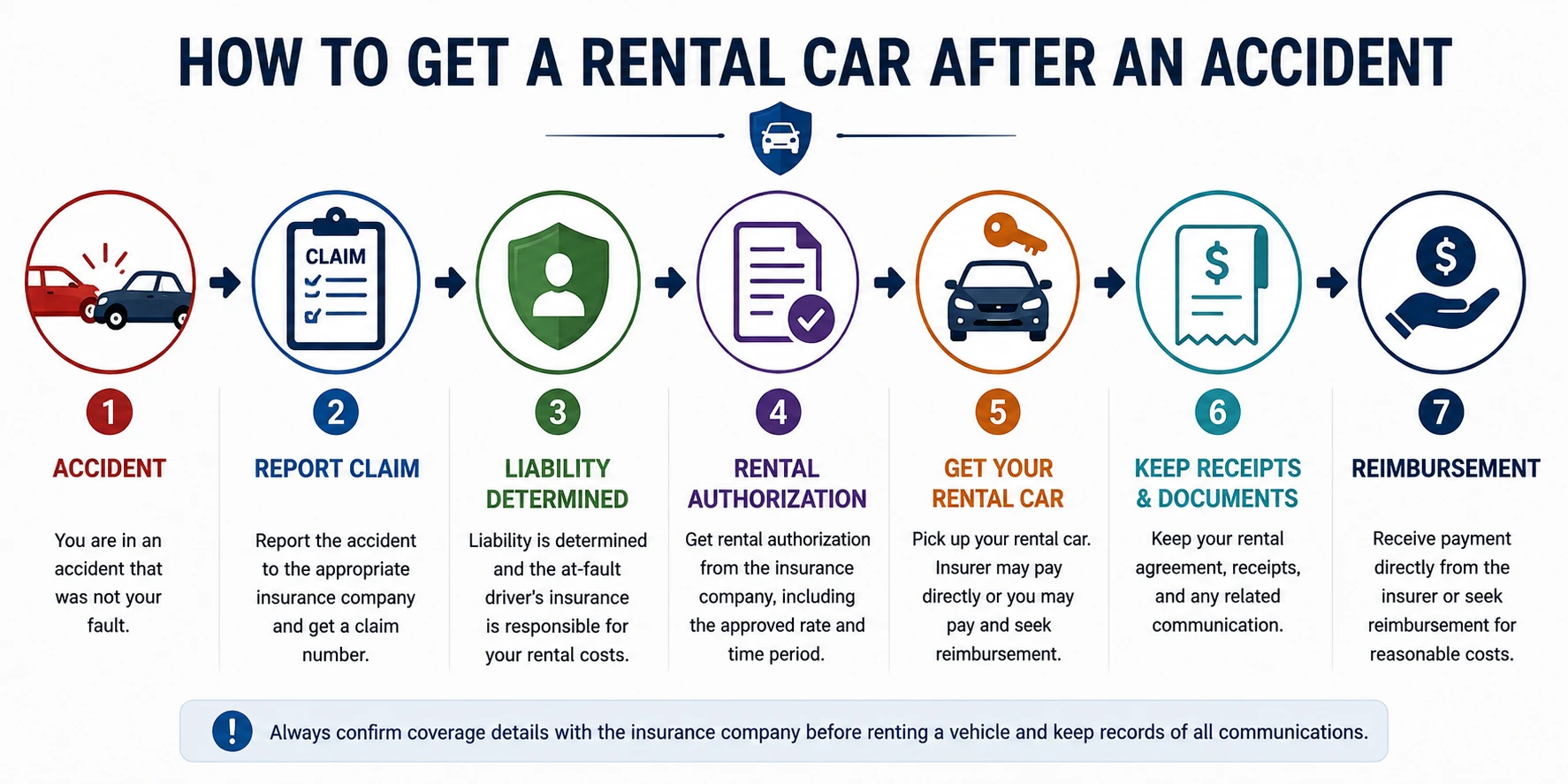 Steps to get a rental car after an accident, from reporting the claim and determining liability to rental authorization and reimbursement.