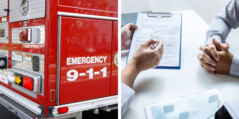 Side-by-side image showing a red fire truck with "Emergency 9-1-1" text and a person signing