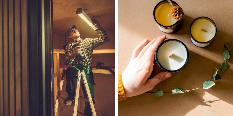 Man on a ladder replacing a light fixture, illustrating home safety during the holiday season,