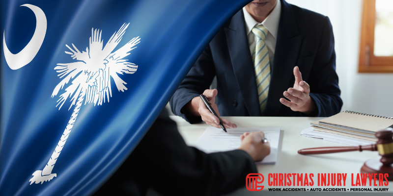 A professional consultation scene featuring a lawyer discussing workers' compensation benefits with a client, with
