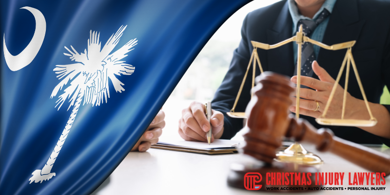 South Carolina state flag and scales of justice representing legal representation for injury claims, highlighting