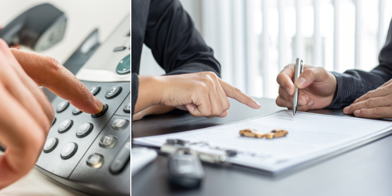 Close-up of hands dialing a phone and signing documents, illustrating legal consultation services from Christmas