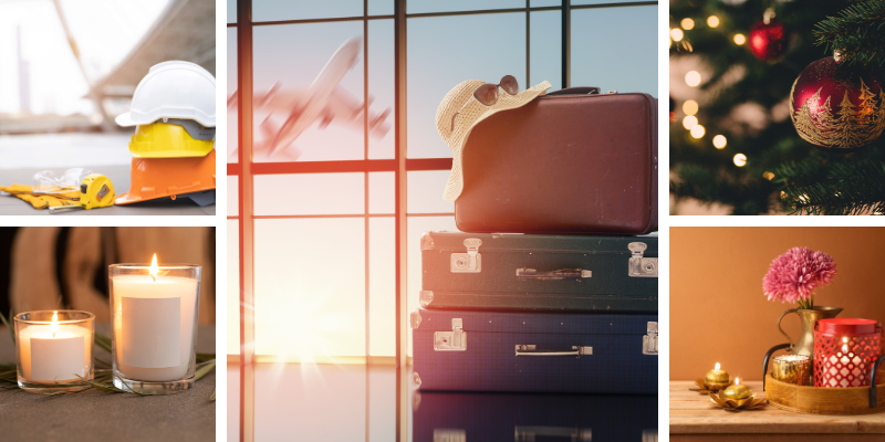 Image collage depicting holiday safety themes, including construction helmets, travel luggage, lit candles, and Christmas