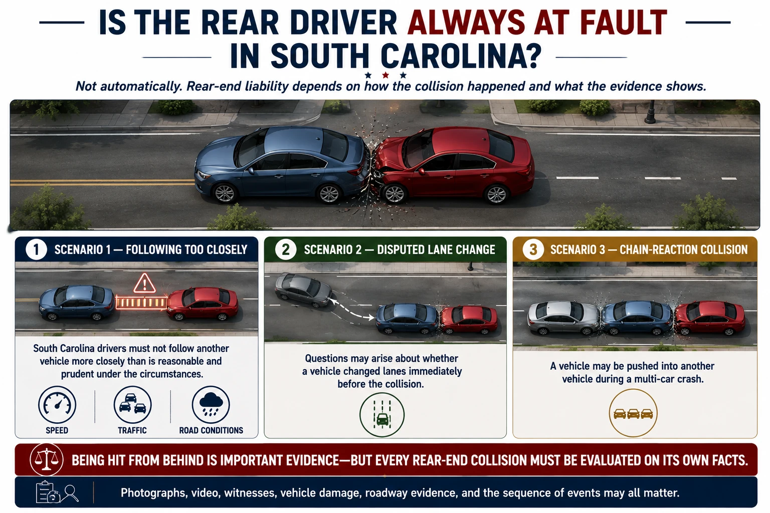 South Carolina rear-end accident liability scenarios involving following too closely, a disputed lane change, and a chain-reaction collision, showing why fault depends on the facts and evidence.