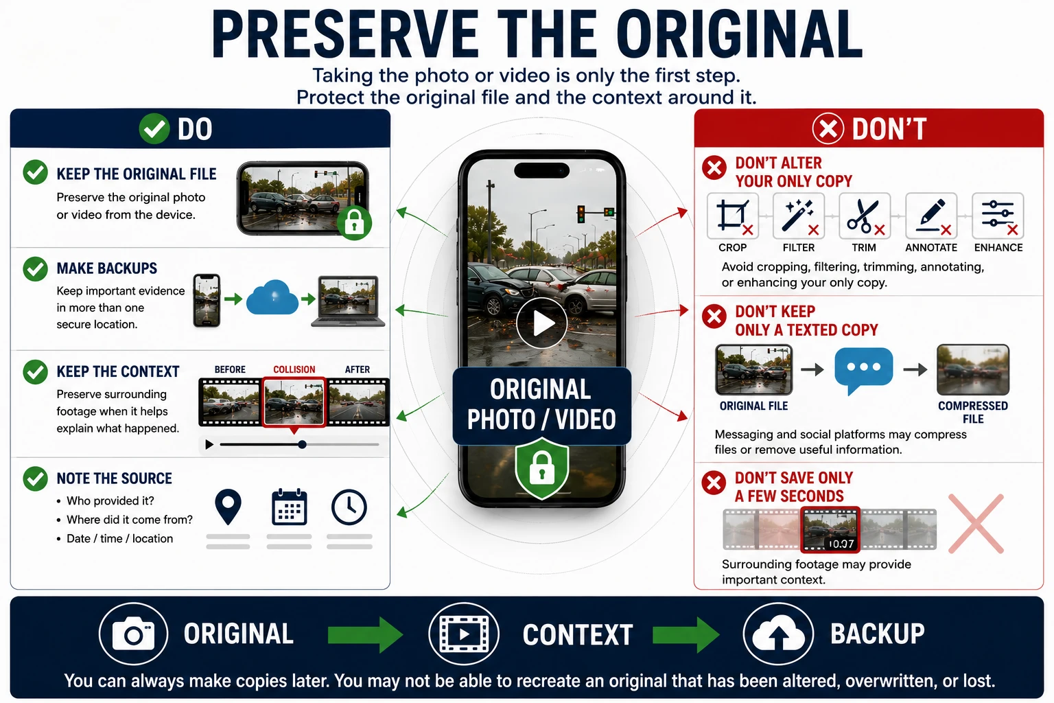 Steps for preserving car accident photos and videos: keep the original files, avoid altering the only copy, create secure backups, preserve surrounding context, document the source, and retain original files instead of relying only on compressed copies.