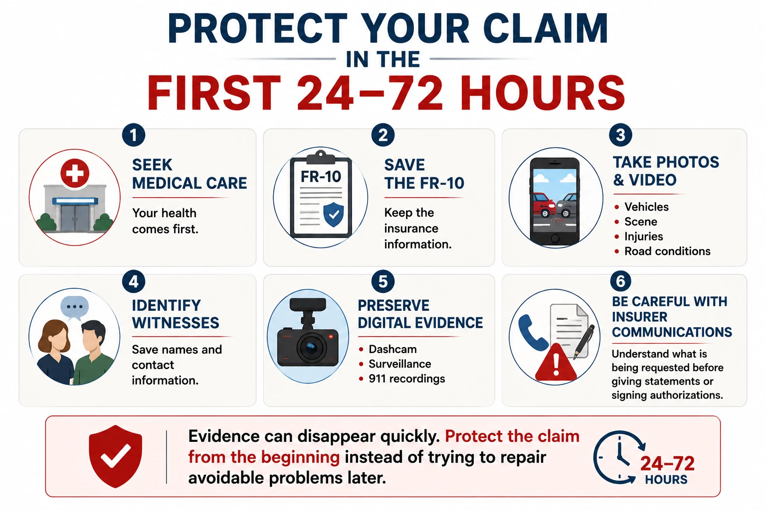 Steps to protect a car accident claim in the first 24 to 72 hours, including seeking medical care, saving the FR-10, taking photos and video, identifying witnesses, preserving digital evidence, and handling insurer communications carefully.
