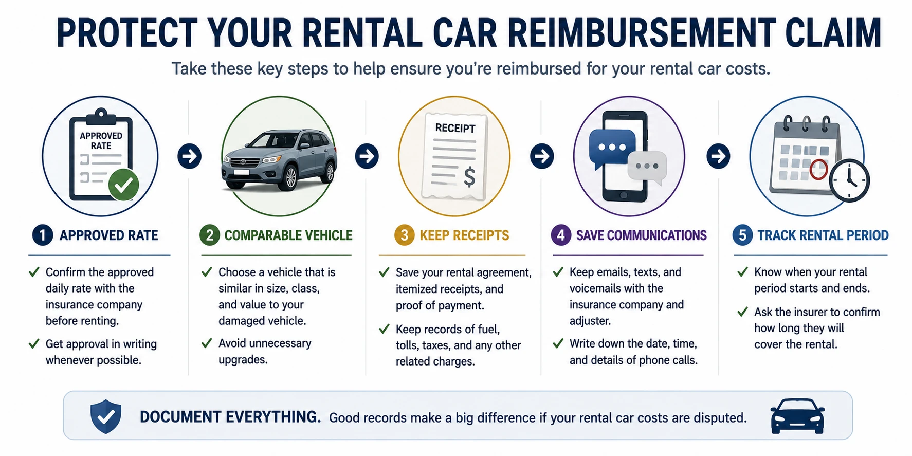 Steps to protect a rental car reimbursement claim by confirming the approved rate, choosing a comparable vehicle, keeping receipts, saving communications, and tracking the rental period.