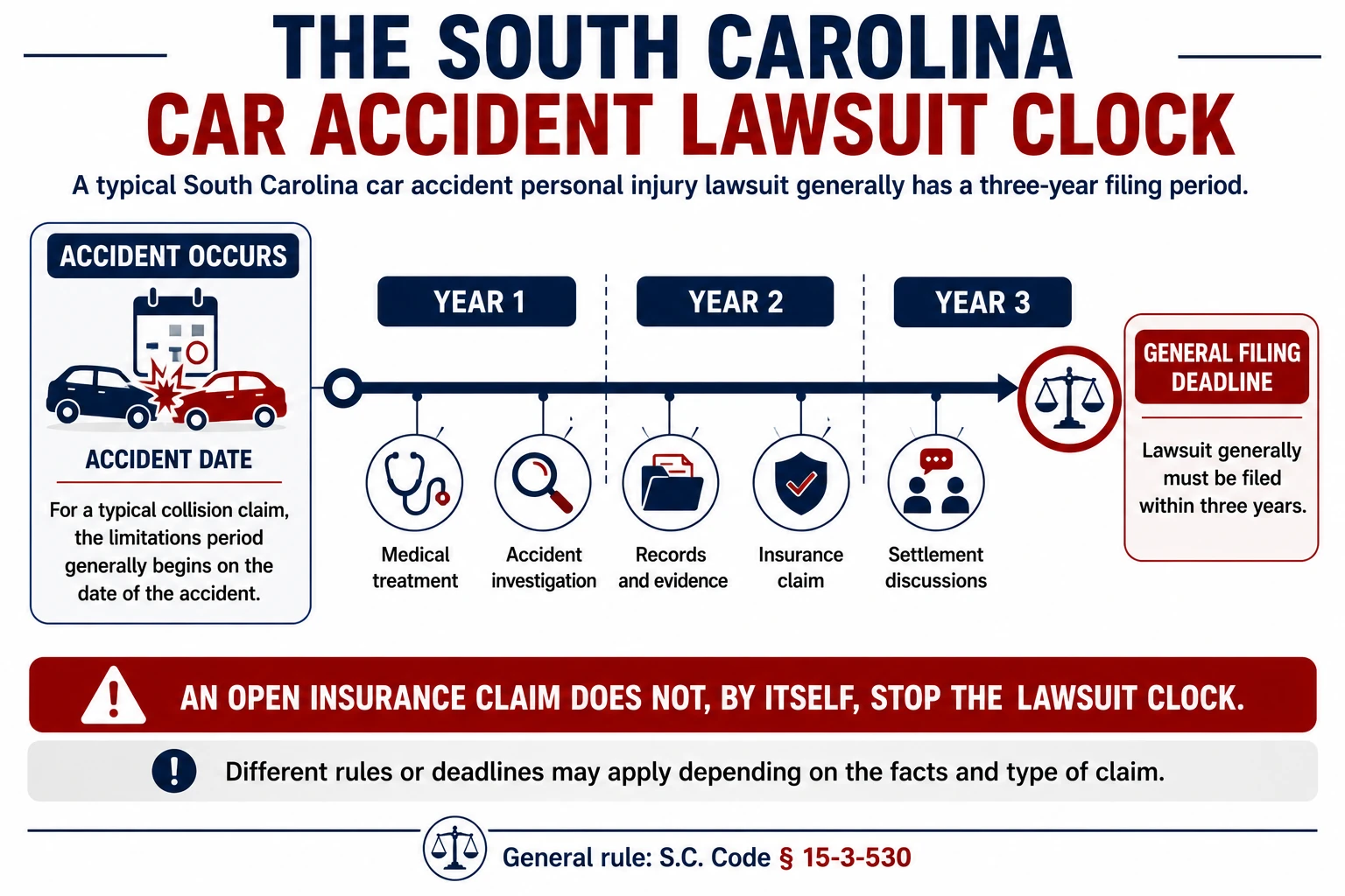 South Carolina car accident lawsuit timeline showing the general three-year filing period from the accident date and that an open insurance claim does not stop the lawsuit clock.