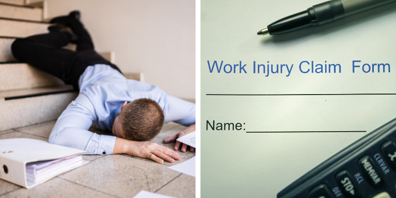 Injured worker lying on stairs next to a work injury claim form, illustrating legal rights