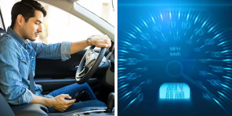 Man driving a car while distracted by his phone, with a blurred speedometer showing high