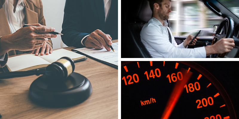 Legal professionals discussing pedestrian accident cases, alongside a driver distracted by a smartphone and a