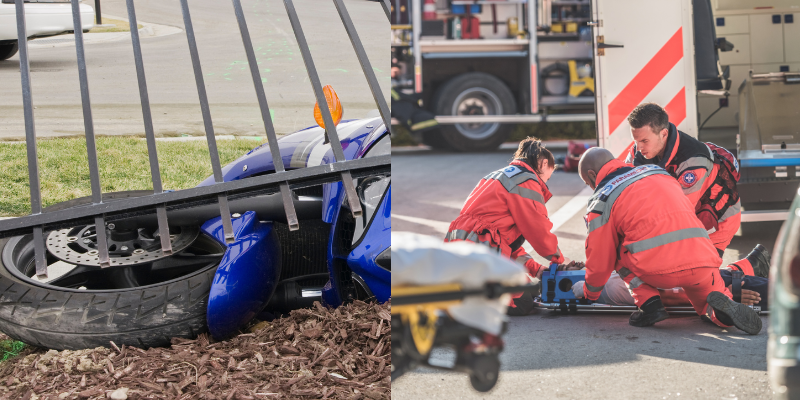 Motorcycle accident scene with a damaged blue motorcycle on the ground and emergency responders providing