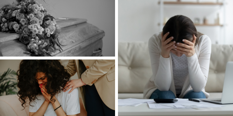 A grieving woman sits with her head in her hands near financial documents, alongside a