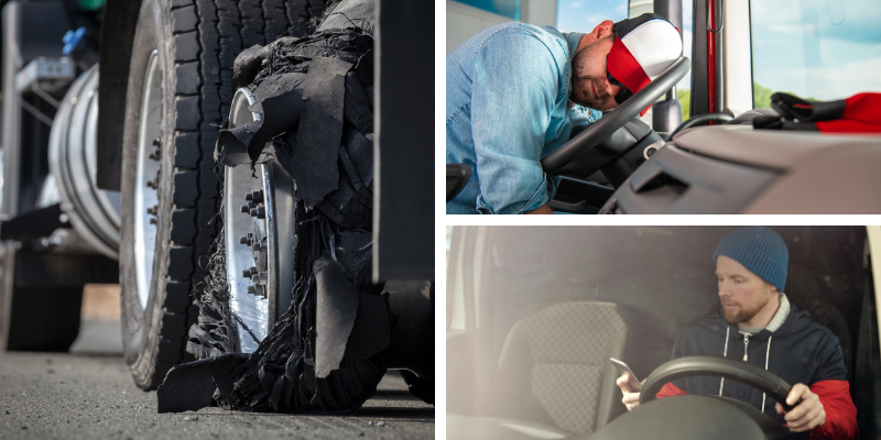 Truck accident scene depicting a blown tire, fatigued driver, and distracted driver, illustrating common causes