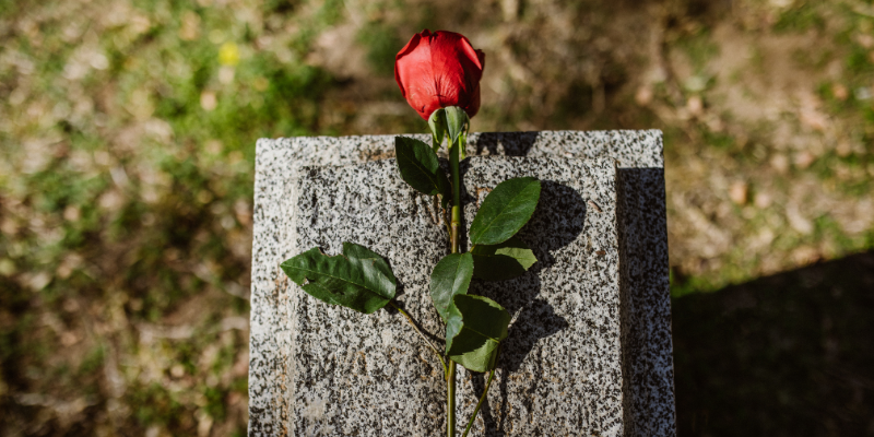 Red rose resting on a granite headstone symbolizing loss and remembrance in wrongful death claims
