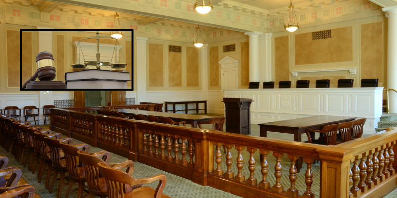 Courtroom scene emphasizing trial readiness for personal injury cases, featuring a gavel and scales of
