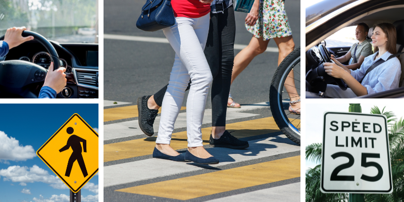 Pedestrians crossing a street at a crosswalk, alongside images of driving, pedestrian warning signs, and