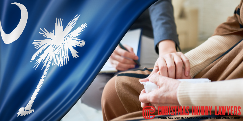 South Carolina flag alongside a meeting between a lawyer and client, symbolizing compassionate legal guidance