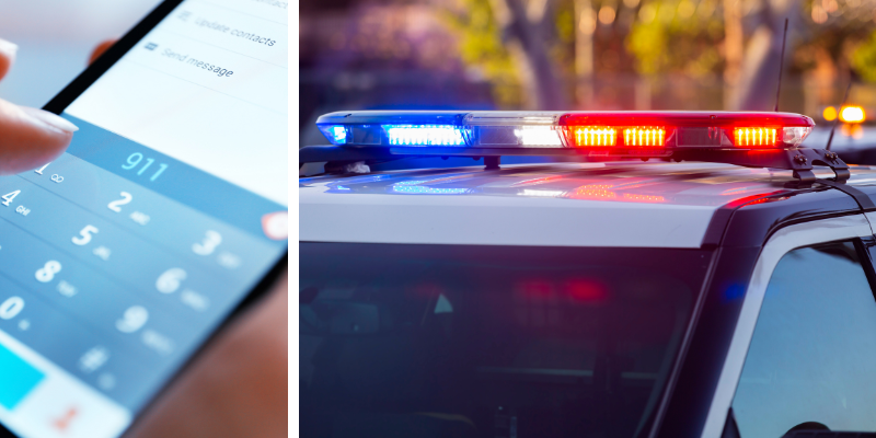 Person dialing 911 on a smartphone beside a police car with flashing lights, emphasizing the