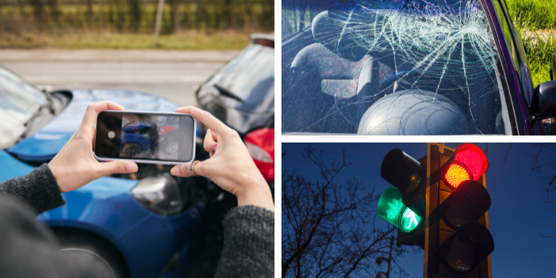 Collage depicting a car accident scene: a damaged car, a person photographing the wreckage, and