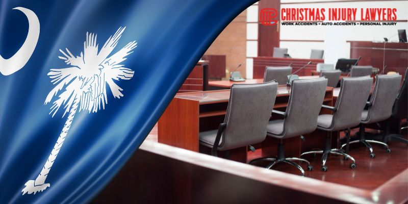 South Carolina state flag and courtroom representing Christmas Injury Lawyers' trial-ready approach to personal injury
