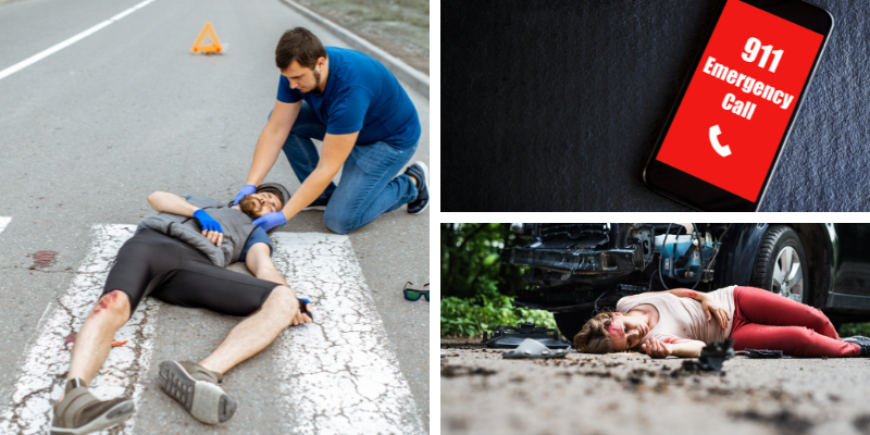 Emergency responder assisting injured pedestrian on road, highlighting the critical need for safety awareness and