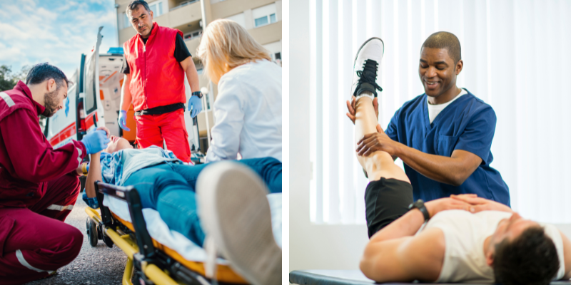Emergency medical responders assisting an injured individual on a stretcher, alongside a physical therapist providing