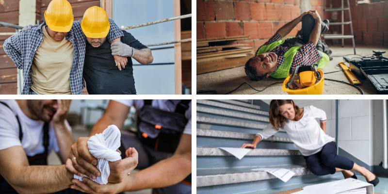 Image depicting various workplace injury scenarios, including construction workers assisting an injured colleague, a worker