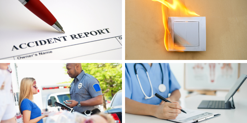 Accident report form with a pen, a burning electrical outlet, police officer assisting an injured