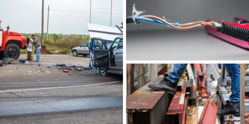 Image depicting a serious auto accident scene with damaged vehicles, a worker examining debris, and