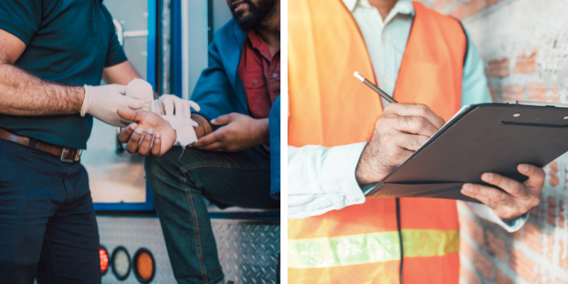 Injured worker receiving medical attention from a healthcare professional and a safety officer taking notes,