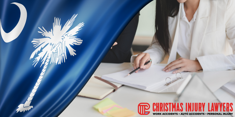 Image of a South Carolina flag alongside a person writing notes, with the logo of